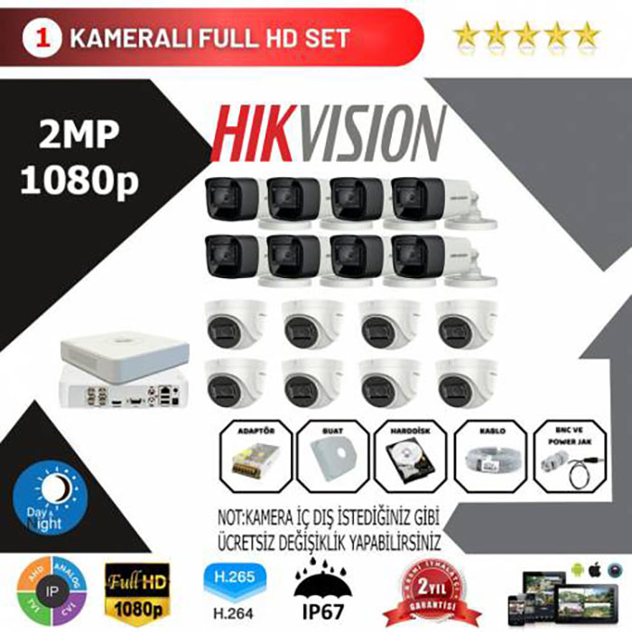 YHH0001-Hikvision 16'lı Set 2 Mp 1080p Hd Kamera Sistemi