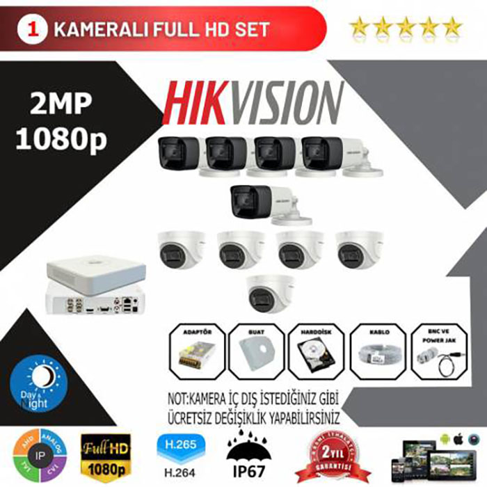 YHH0007-Hikvision 10'lu Set 2 Mp 1080p Hd Kamera Sistemi